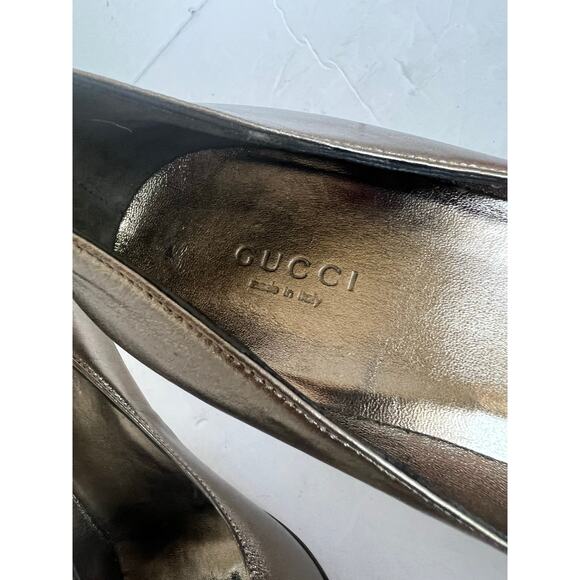 GUCCI Leather Champagne Gold Round Toe Black Low Heel Pump Shoes Size 8 Narrow - Picture 4 of 12